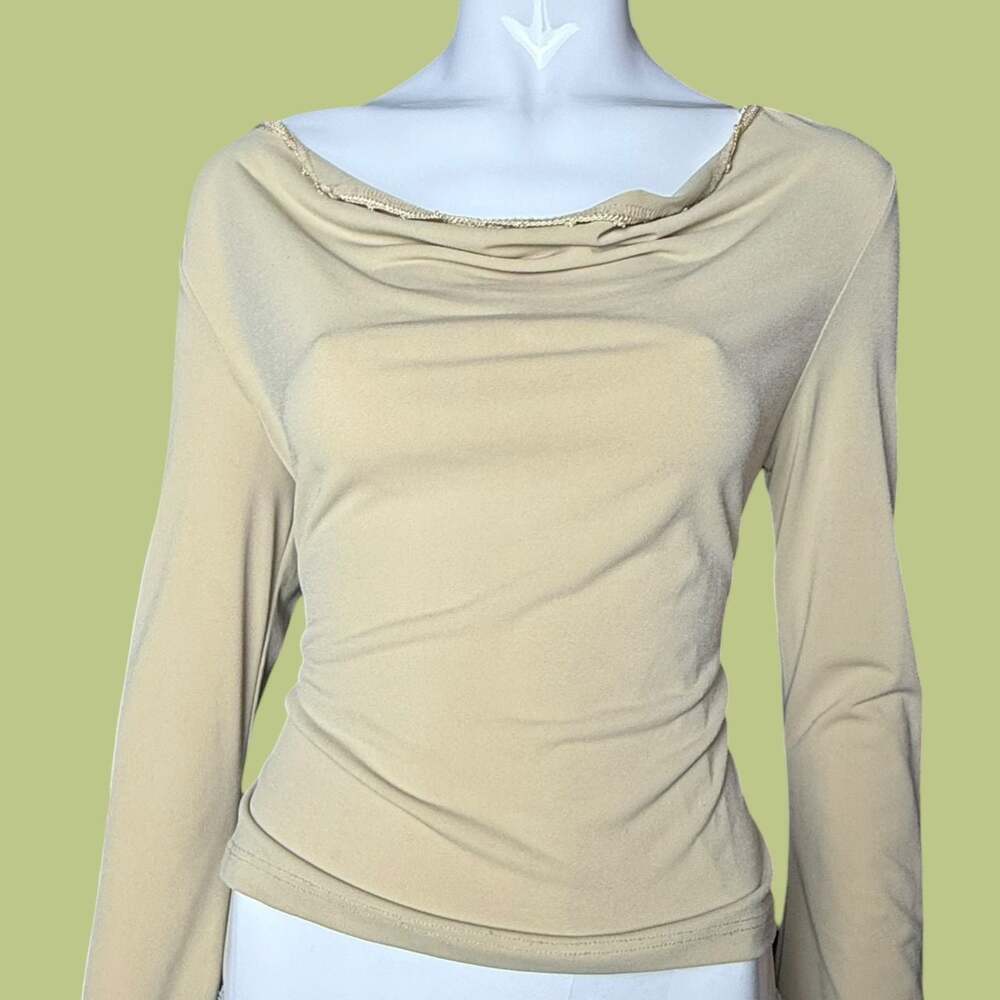 Y2K Beige Long Sleeve Cowl Neck Top with Crochet Trim Detail